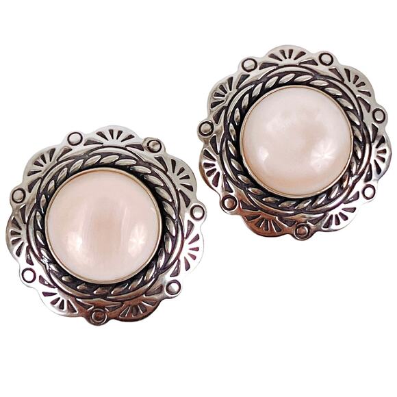 Signed Relios Carolyn Pollack Sterling Mother of Pearl MOP Clip On Earrings VTG - Picture 1 of 16